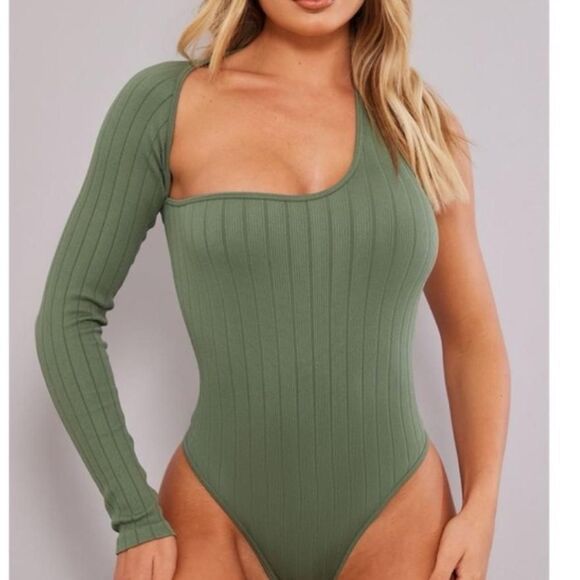 PrettyLittleThing Green Ribbed One-Sleeve Cutout Bodysuit Y2K Soft Grunge Small - Picture 6 of 6